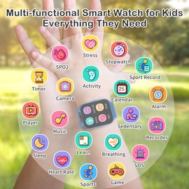 Kids Smart Watch with Fitness Tracker, Waterproof, Heart Rate/Sleep Monitor, Sport Mode, Camera, Video, Recorder, Music, DIY Wallpaper, Game, SOS Button, NO APP/Phone, Gifts for Boy Girl 4-13 Year Old