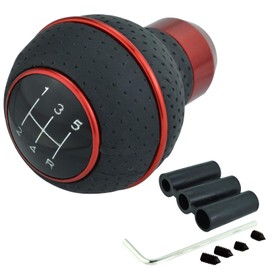 Lunsom 5 Speed Round Shift Knobs, Leather Car Gear Shifter Knob Handle Lever Head Ball Shifting Lever Head Fit for Most Manual Transmission (Black&Red)