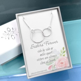 Double Ring Necklace, 925 Sterling Silver Two Interlocking Circles, Mother Daughter Best Friend Birthday, Mother's Day, Valentine's Day, Christmas Present (sisters forever - silver)