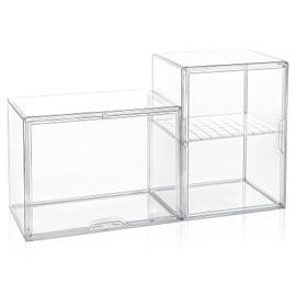 2pcs Clear Acrylic Storage Bins with Lids Stackable, Clear Plastic Display Case with Magnetic Door Plastic Drawers for Closet Collectibles, Dolls, Books, Cosmetics, Handbags Bathroom Closet Organizer