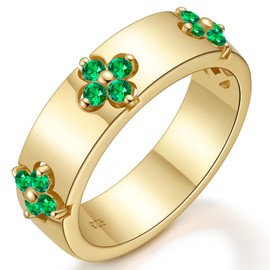 TIMELESSTAR Lab Created Emerald Ring Green Clover Rings for Women Wedding Bands Dainty Stackable Diamond Promise for Her Engagement Eternity 925 Sterling Silver 14K Gold Plated Non Tarnish Size 5.5