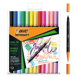 Bic Intensity Dual Tip Classic and Pastel Color Markers with Fine Tip (0.7mm) and Flexible Brush Tip - Assorted Colors, Box of 12