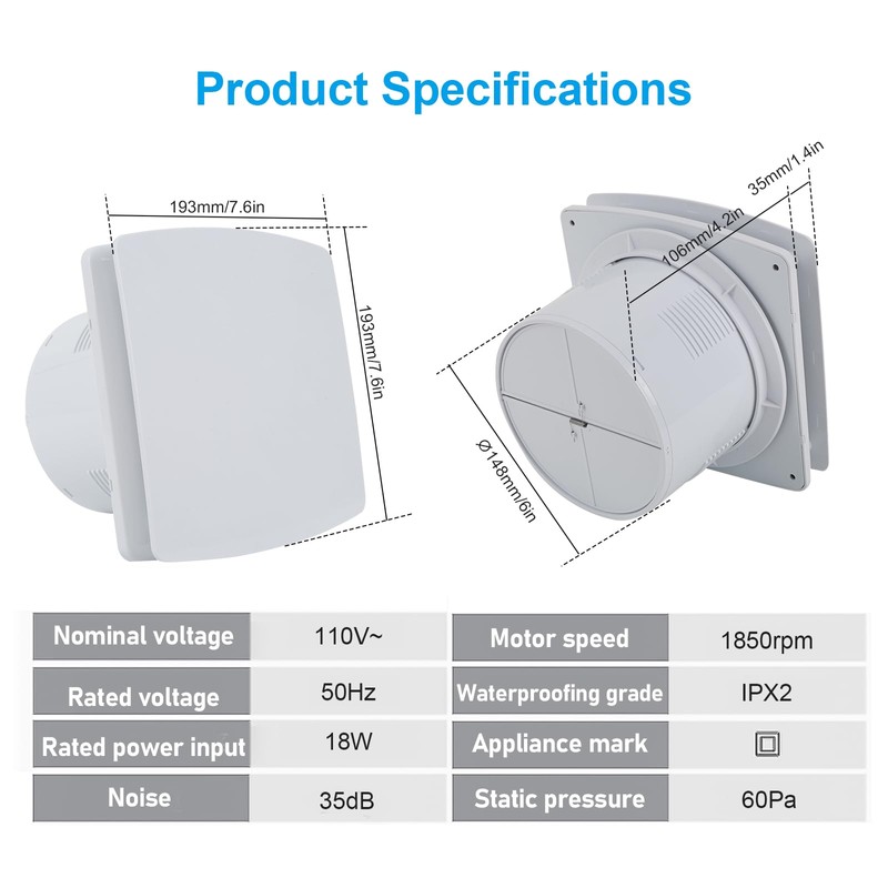 Bathroom Exhaust Fan, 6 inch Silent Ceiling and Wall Mount