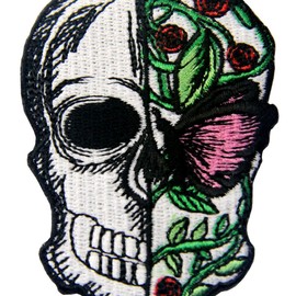 Half Skull Half Butterfly and Flower Applique Embroidered Badge Iron On Sew On Patch