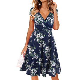 oxiuly Women's Criss-Cross V-Neck Cap Half Sleeve Floral Casual Work Party Tea Swing Dress OX233 (L, Blue Green F)