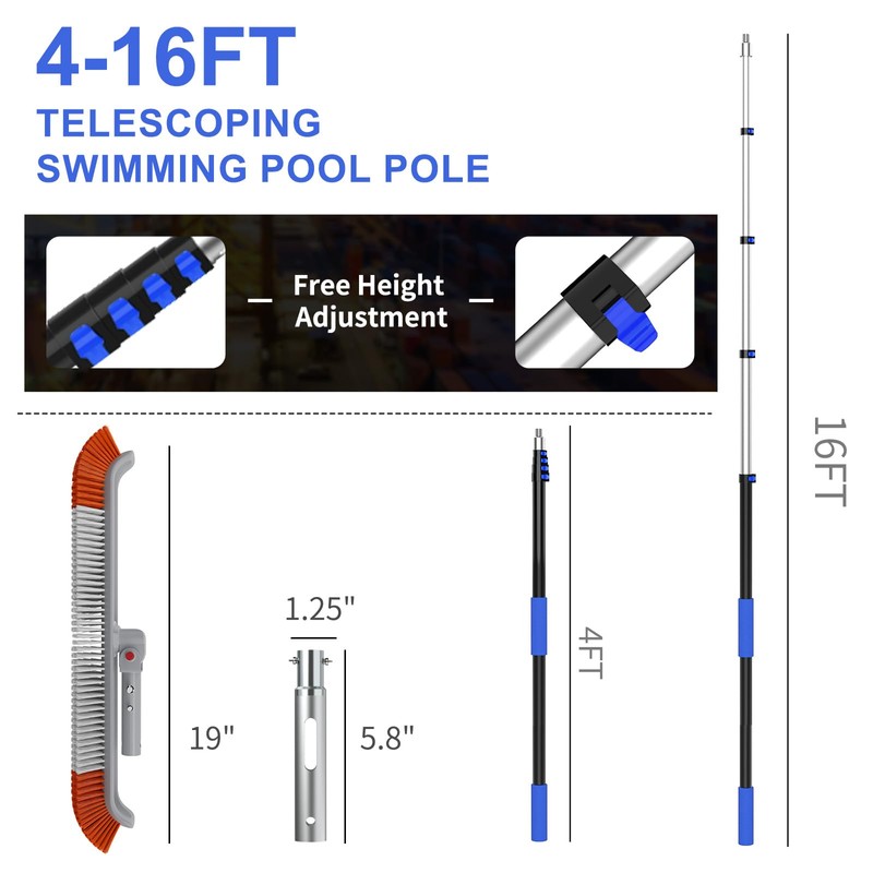 SKGPOLE 16FT Swimming Pool Pole with Brush, Upgraded Pool Pole