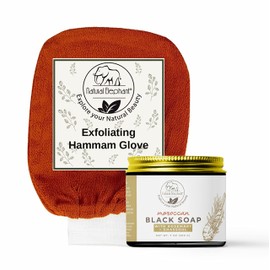 Natural Elephant Morrocan Black Soap and Exfoliating Hammam Glove Kit (Rosemary Black Soap and Orange Hammam)