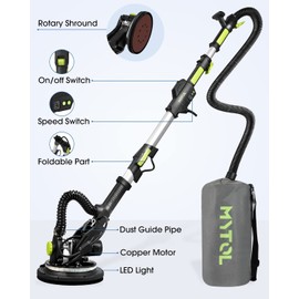 MYTOL MYTOL Drywall Sander, 7.2A Electric Drywall Sander with Vacuum Dust Collection, LED Light, 6 Variable Speed Digital Display 900-1800RPM, Foldable & Extendable Handle, 9 Sanding Discs&3 Grid Sandpaper