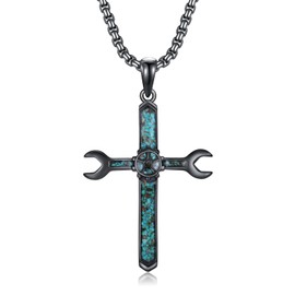 YYmqmq Black Cross Necklace for Men 925 Sterling Silver Turquoise Cross Pendant Crucifix Necklace Catholic Jewelry Mechanic Gifts for Men Women Dad Husband