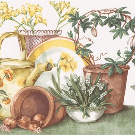 Concord Wallcoverings Wallpaper Border Garden Pattern Plants in Pots Watering Can for Cottage Farmhouse Kitchen Dining Room, Cream Green Brown Yellow, 15 ft by 7 in KC78055L