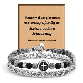 FANCIBAND Cross Bracelet Men's Pearl Bracelet Stainless Steel Natural Stone Bracelets Christian Gifts Confirmation Communion Easter Birthday Gifts for Son Grandson Father Grandfather Husband,