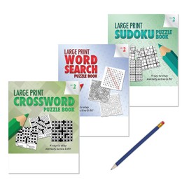 ZOCO - 25 Large Print Puzzle Book Gift Packs - Each Pack Includes (1) Word Search, (1) Crossword, (1) Sudoku, (1) Pencil - Handout & Promotional Item for Hospitals, Senior Centers | VOL. 2