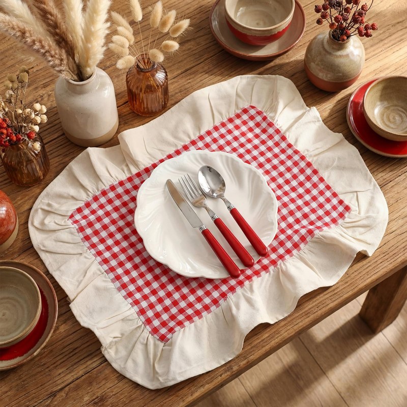 Set of 6 Rectangle Red Gingham Placemats Red White Checkered