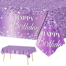 3 Pieces Purple Silver Birthday Tablecloths for Happy Birthday Party Decorations Plastic Disposable Purple Birthday Theme Table Covers for Girls Women Silver Glitter Birthday Party Supplies 54x108Inch