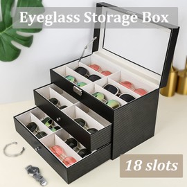 WUPYI 3 Layer 18 Slots Eyeglass Sunglass Storage Box Display Glasses Display Case with Drawer Black