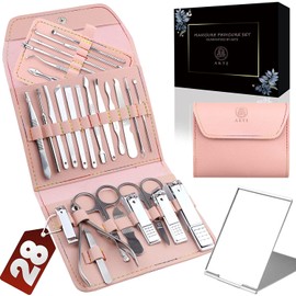 AKTE Manicure Pedicure Set 28 piece Nail Clipper Set PINK w/Aluminum Portable Mi