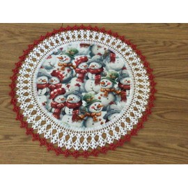 Handmade Christmas Lace Doily Celebrating Snowmen Snowman Round 20 Inches Fabric Center Crocheted Edge Centerpiece Table Topper Holiday Decoration Doilies