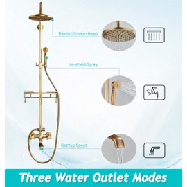 Gmusre Antique Brass Shower Fixture Bathroom Shower Faucet Set 8 Inch Rainfall Shower Head Handled Shower Waterfall Tub Spout Wall Mounted Outdoor Shower System with Shower Shelf