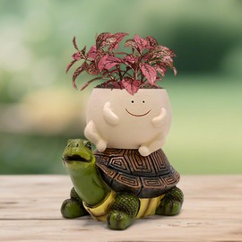 Toparad Smily Face Succulent Planter Pot, Funny Turtle Self-Watering Planter Pots, Lawn Decor Tortoise Statue for Patio, Balcony, Yard Ornament with Drainage Hole, Unique Housewarming Gifts