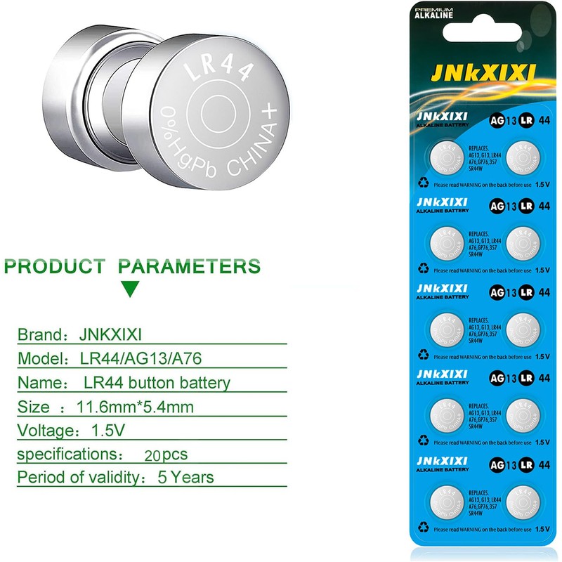 JNKXIXI 20 Pack LR44 Lr 44b l1154c AG13 SR44 Batteries