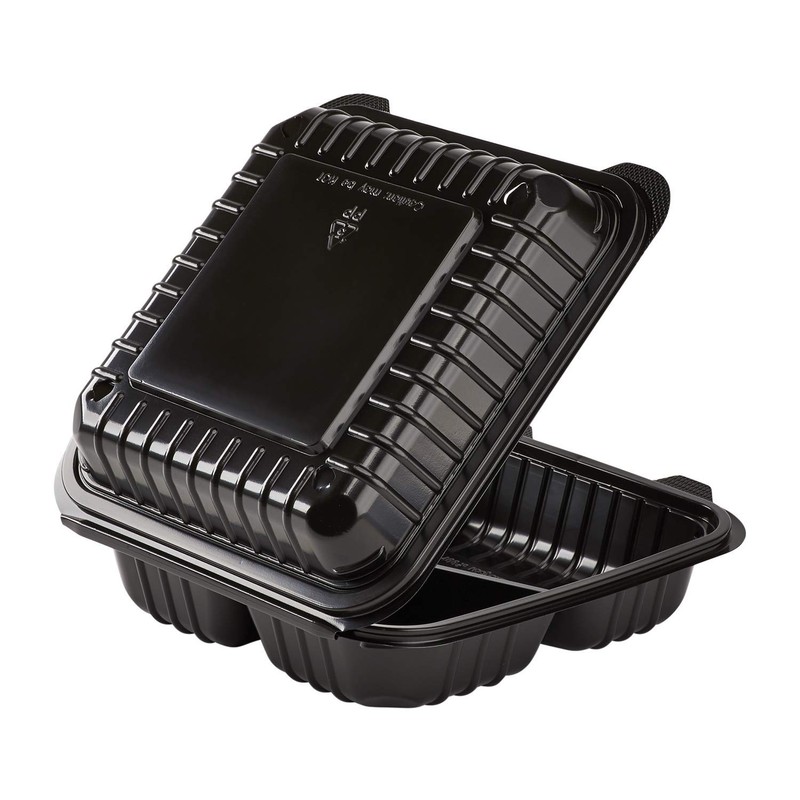 Karat 8'' x 8" Black PP Hinged Container, 3 compartment