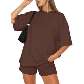 CheChury Womens Co ord Sets 2 Piece Cotton Crew Neck Solid Color T-Shirt and Shorts with two Pockets Short Outfit Tracksuits Loungewear Sets for Women UK,Brown,XXL