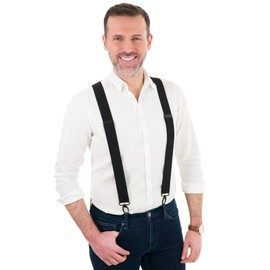 Olata Heavy Duty X-Shape Braces/Suspenders, Black with Coloured Leather and Black Carabiners - 4cm. Red