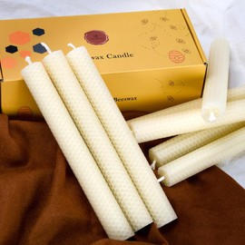 12 PCS Beeswax Taper Candles Hand Rolled - Smokeless Dripless -Natural Scent - 8 Inch in Off White