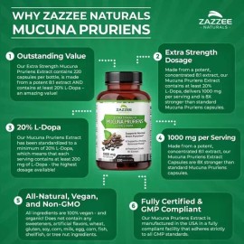 Zazzee Mucuna Pruriens 1000 Mg Animo Concentración 220 Cáps Sabor Sin Sabor