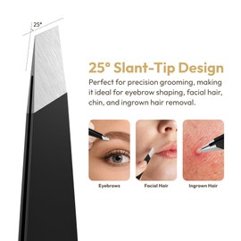 Beauty Power Professional Ultra-Precision Slant Tweezers for Women Facial Hair - German Stainless Steel, Tweezers for Men & Women, Black Eyebrow Tweezer for Ingrown Hair - Black