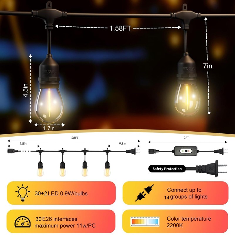EIKOSON 50FT Outdoor String Lights Waterproof with 30+2 Bulbs(𝟏.𝟓𝐅𝐓 𝐁𝐮𝐥𝐛𝐥𝐬