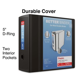 Staples Better Binder, 5" D-Ring, Black – Heavy-Duty 3-Ring Binder with Reinforced Spine, Holds 1050 Sheets for High-Capacity Storage