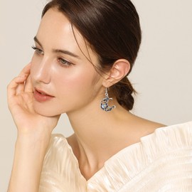 Vintage Boho Opal Sun and Moon Drop Dangle Earrings Moonstone Natural Stone Hook Bohemian for Women Asymmetrical Antiqued Silver Celestial Jewelry (Multicolour)