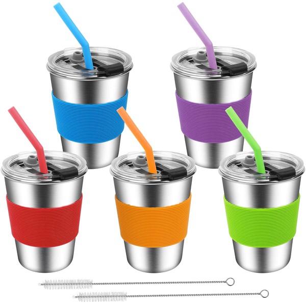 ShineMe Kids Cups with Straws and Lids, 12oz Kids Metal Drinking Glasses with Spill Proof Lids & Silicone Straws, Stainless Steel Reusable Water Tumblers for Children and Adults (5pack)