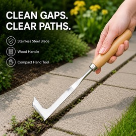 Stainless Steel Crack Weeder with Wood Handle – 11-Inch L-Shaped Patio, Paver and Driveway Weed Removal Tool