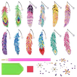 BDSHUNBF 12 PCS 5D Diamond Painting Bookmarks Feather, Arts and Crafts Kits for Kids 5D DIY Feather Diamond Art with Crystal Pendant, Bookmark DIY Craft Gifts Set for Children Adults Girls Woman