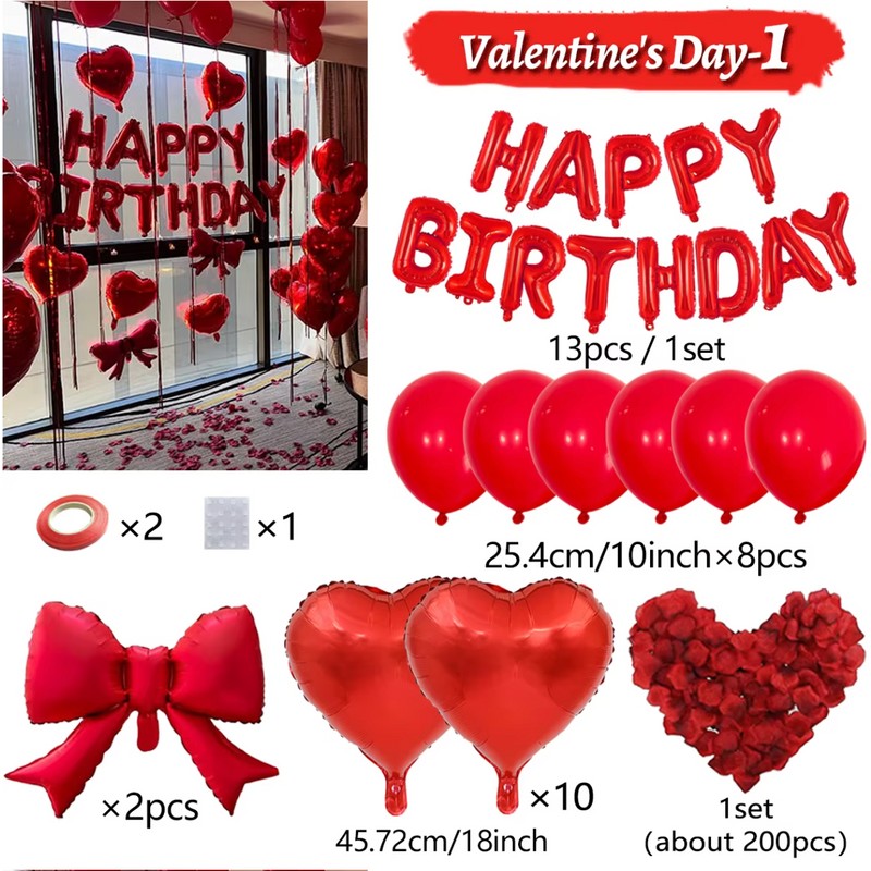 Red Birthday Balloon Set with Heart Foil Balloon - Romantic