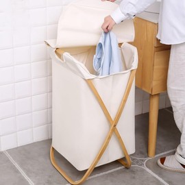 X Frame Laundry Hamper Bamboo Wood Hamper with Lid for Laundry Collapsible Laundry Basket Foldable Storage for Household Beige,Portable,Dustproof, Large Capacity Home Storage Bin