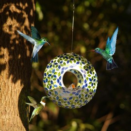 Topadorn Hanging Bird Feeder Mosaic Circle Birdfeeder for Wild Bird Outdoor Garden Decoration,Blue and Green Flower