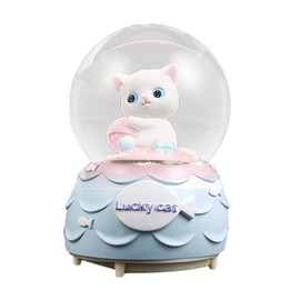 Snow Globe Resin Cat Crystal Snowball Home Ornament Decoration with Battery Operated Glittering Light and Music White Cat