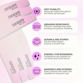 Curacoro - 10 limas de uñas de media luna de doble cara (grano 180/240) | Limas y tampones de uñas lavables, suavizan y dan forma a las uñas, herramie