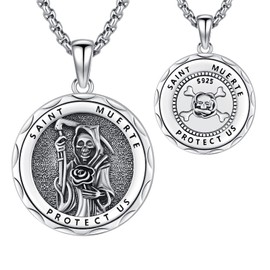 Thanches La Santa Muerte Necklace for Women Men, 925 Sterling Silver Skull Necklace with Black Rose Pendant Amulet Religious Jewelry Gifts, Small, Sterling Silver, No Gemstone