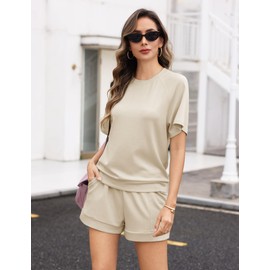 Totatuit Women's Jogging Suit, Two-Piece Elegant Short Sleeve Tracksuit Set, Summer Tracksuit, Loungewear, Plain with Crew Neck, Leisure Suit, Sports Outfit, khaki, M