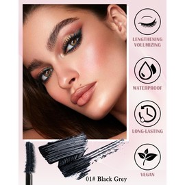 Black Grey Waterproof Mascara, Liquid Lash Extensions Mascara with Dual-Sided Brush, Great for Lengthening and Volumizing Eyelashes, Tubing Máscara Fiber No Clumping, Long Lasting, Smudge-Proof-01