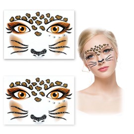 2 Sheets Waterproof Leopard Face Stickers - Glitter Temporary Tattoos for Kids & Adults | Perfect for Carnival, Cosplay, Birthday Parties & Festivals