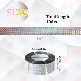 Bird Scare Tape, 328ft Double Sided Bird Deterrent Tape Reflective Holographic Bird Scare Flash Tape for Pigeon Gulls Crows Starlings Swallows (Holographic Checkered)