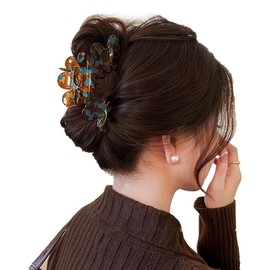 Wenlly petal hair claw clips, 4.13 Inch cellulose acetate hair jaw clips, non-slip strong hair hold barrettes for women and girls, 1 piece, blue coffee