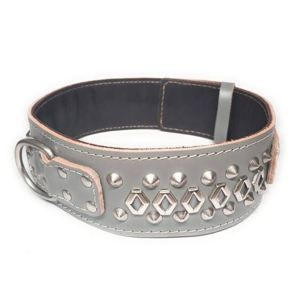 M&D Heavy Duty Grey Leather Dog Collar with Studded Design