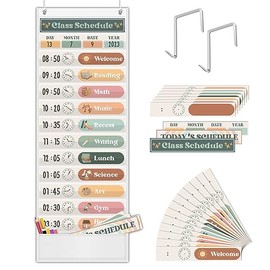 Chore Chart for Kids+Daily Schedule Pocket Chart+Green Plant Theme+1 Set with 13+1 Pockets and 26 Cards+35"x13"+Home School Classroom Use