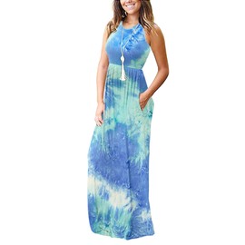 MOLERANI Women's Loose Plain Maxi Dresses Casual Long Dresses with Pockets,Dyed Blue Green White,XS